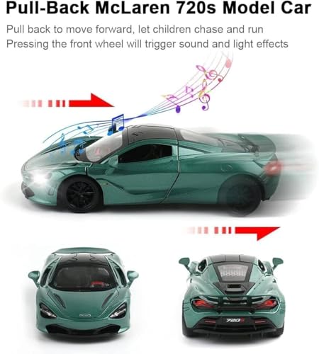 Image of WORSHIPER 1:32 Scale McLaren 720S Die-Cast Model Car � Alloy Metal Pullback Toy Car with Openable Butterfly Doors, Lights & Sound � Kids & Adults (1:32 McLaren 720s Green Color)