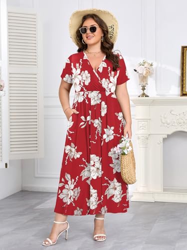 Image of BELAROI Womens Plus Size Maxi Dress Summer Wrap V Neck Flowy Long Sundress Beach Dresses with Pockets