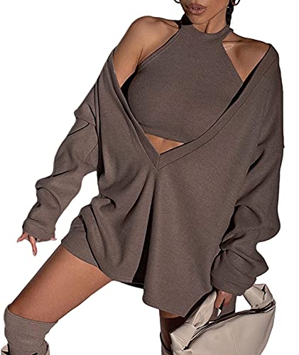 Image of ECDAHICC Women's Two Piece Outfits Knitted Halter Neck Crop Tank Tops and Oversized Off Shoulder Deep V Neck Pullover Sweater