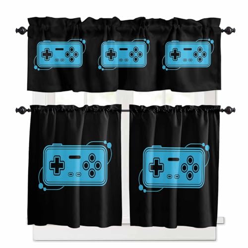 Blue Game Handle Kitchen Curtains 36 Inch Length, 3 Piece Rod Pocket Small Half Tiers and Valance Set, Video Gamer Console Earphones Black Small Large Window Treatment Decor for Bedroom/Bathroom Sink