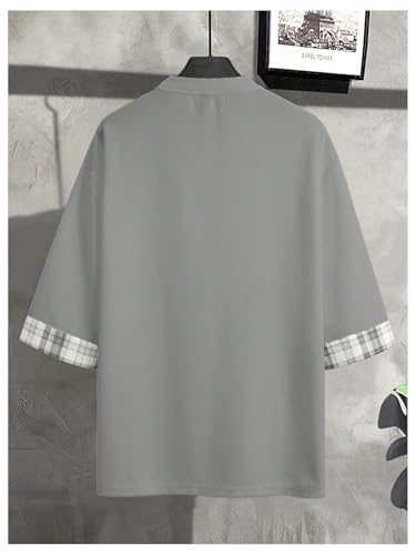 Image of OYOANGLE Men's Textured 3 /4 Sleeve Drop Shoulder T Shirt Loose Fit Plaid Cuff Tee Tops
