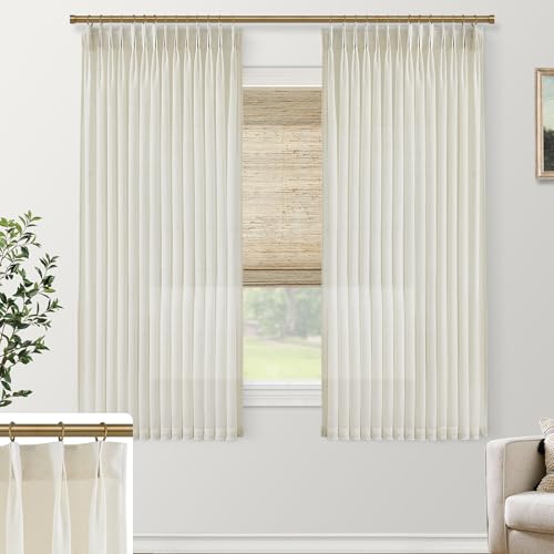 SHINELAND 48 Inch Linen Semi Sheer Short Pinch Pleated Curtains for Windows, Lightweight Light Filtering Back Tab Drapes for Kitchen Bedroom Small Window, 40'' W x 48'' Length 2 Panels Set, Natural