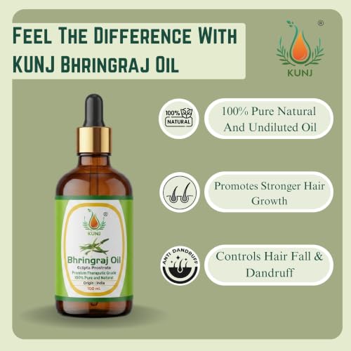 Image of KUNJ Bhringraj Oil for Hair Growth & Hair Fall Control 100ml | 100% Pure Ayurvedic Bhringraj Oil (Eclipta Prostrata) | Strong Roots, Scalp Nourishment & Dandruff Care | Natural Hair Care Oil
