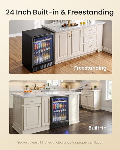 Image of 24 In Beverage Refrigerator, 112 Cans & 8 Bottles Wine Fridge with Double-Layer Glass Door, Built-In or Freestanding Wine and Beverage Refrigerator, Under Counter Fridge for Home /Bar /Cafe