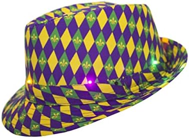 WISPARK Mardi Gras Fedora Hat with LED Lights Sequins Blinking Fedora for Carnival Parade (Diamond Pattern)