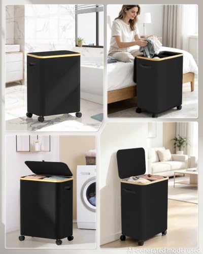 Image of Double Laundry Basket with Wheels and Lid, 150L Clothes Hampers for Laundry | Large Laundry Hamper with 2 Sections & Removable Liner Bags, Rolling Dirty Clothes Basket for Bedroom Bathroom Dorm College