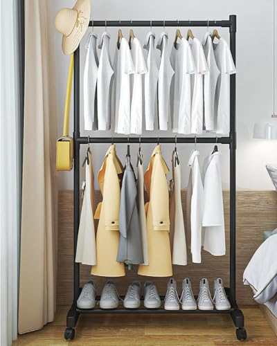 Image of Ozoy Metal Multifunctional Garment Stand Cloth Rack Freestanding Storage Organizer with Bottom Shelves Single Pole Coat Hanger - 150 x 110 x 40 CM (BLACK-2)