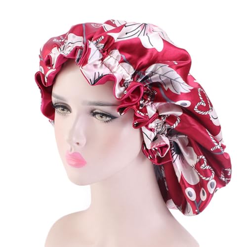 LIFKOME Gorro de Satén Estampado para Dormir y Ducha Doble Capa Ajustable Color Vino Tinto Protección para Cabello Largo Cuidado y Acondicionamiento Nocturno