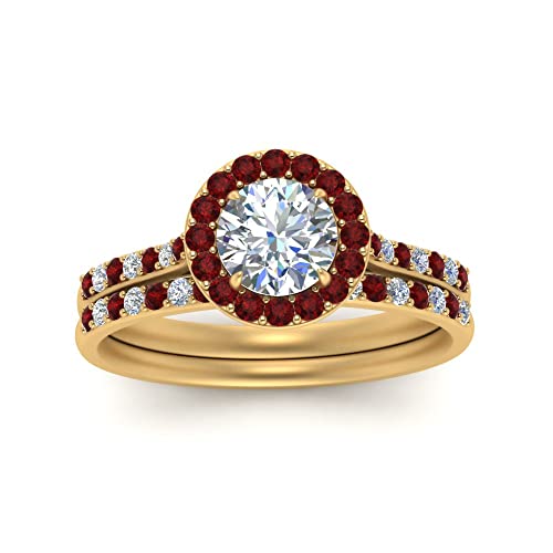 Image of Choose Your Gemstone Round Halo Ring with Matching Pave Band Yellow Gold Plated Round Shape Wedding Ring Sets Everyday Jewelry Wedding Jewelry Handmade Gifts for Wife US Size 4 to 12