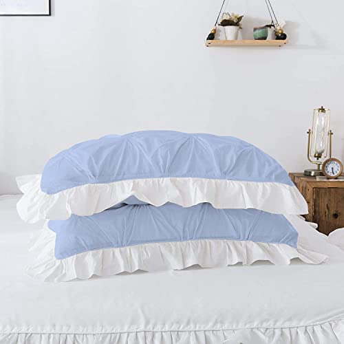 Image of 300 TC Pinch Ruffle 2 Tone Duvet /Razai /Blanket Cover with 2 Pillow Cover- 100% Cotton (Zipper Closure) Razai Cover 3 PC Set, Soft & Lightweight-King Size White /Light Blue