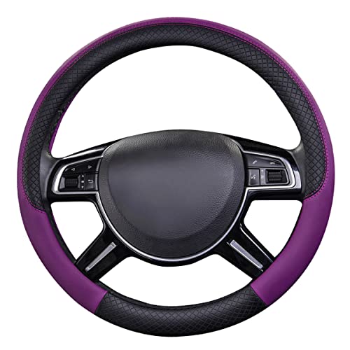 CAR PASS Rhombus Leather Universal Steering Wheel Cover, Fit for Suvs,Trucks,Cars,Sedans,Vans (Black&Dark Purple)