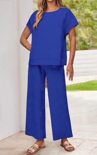 Image of PRETTYGARDEN 2 Piece Outfits For Women Casual Tracksuit Short Sleeve Tops And Wide Leg Long Pants Matching Lounge Sets