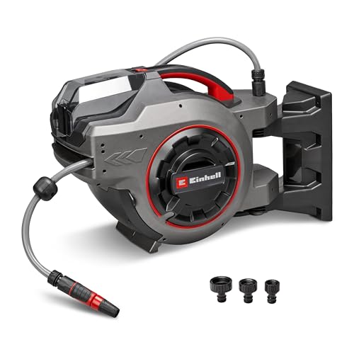 Einhell Akku-Schlauchtrommel GE-HR 18/30-1 Li-Solo Power X-Change (18 V, automatische Schlauchaufwicklung, bis zu 180° schwenkbar, Wandhalterung, 30 m Gartenschlauch & -spritze, ohne Akku)