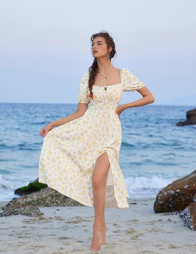 Image of Scarlet Darkness Women's Floral Corset Dress with Split 2026 Summer Spring Square Neck Midi Milkmaid Dresses