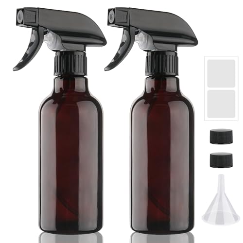 Hethyo Glass Spray Bottles 12oz Empty Spray Bottle Mist/Stream Spraying Small Refillable Containers for Hair Care Cleaning Solutions Plants Essential Oils 2 Pack (Brown 12oz)