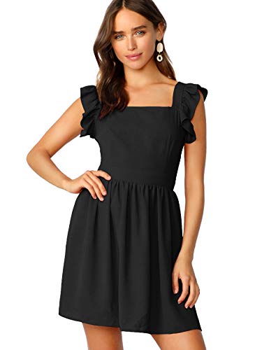 OYOANGLE Women's Tie Back Square Neck Ruffle Strap Sleeveless A Line Flare Flowy Summer Short Dress Black M