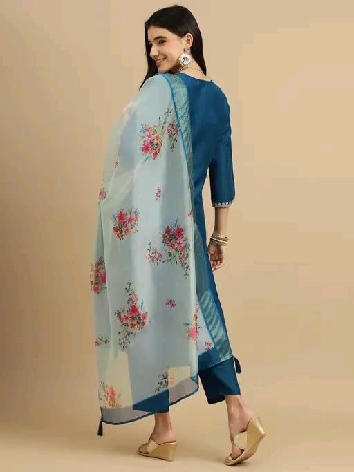 Image of Women's Embroidered Straight Kurta Set with Pant and Floral Silk Dupatta