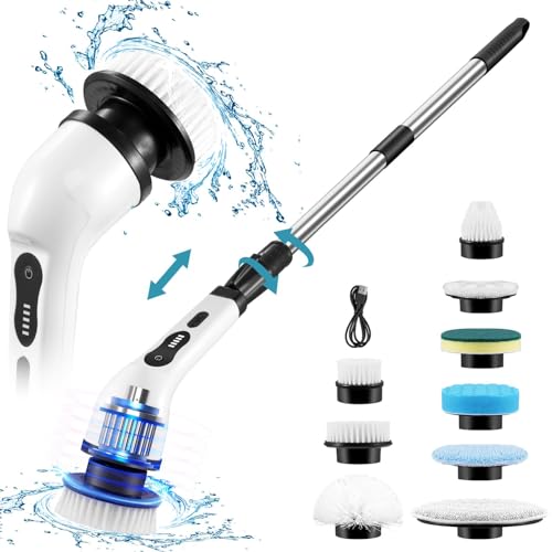 Electric Spin Scrubber, 2000mAh Cordless Cleaning Brush with 8 Replaceable Brush Heads, 2 Speeds Scrubbing Brush with Adjustable Handle, Electric Spin Scrubber for Bathtub, Kitchen, Floor,Tub, Tile