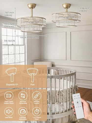 Image of 20 Inch Gold Crystal Fandelier Ceiling Fan with Light, Mid Century Gold Fandelier Ceiling Fans with Lights Remote Control, Caged with 6 Speeds for Bedroom, Nursery, Living Room(US-FS-SJ03)