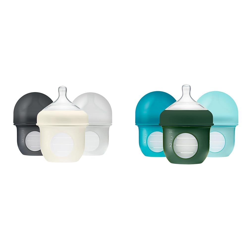 BoonNursh Reusable Silicone Baby Bottles with Collapsible Pouch - Stage 1 Slow Flow - Gray & Blue - 4 Oz - 3 Count Each