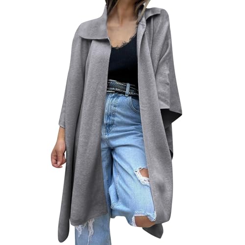 Shffuw Cortavientos Para Mujercapelina Lluvia Senderismo Cárdigan informal de color liso para mujer, abrigo tipo gabardina holgado con un botón Chubasquero Impermeablechubasquero Plegable (Grey, L)
