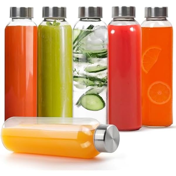 Winter Shore 500ml Wielokrotnego Użytku Szklane Butelki z Nakrętkami [6 Sztuk] - Przezroczyste Butelki do Soków, Gorących i Zimnych Napojów, Koktajli, Kawy - Szczelne Pojemniki z Stalowymi Zakrętkami