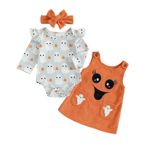 Image of Adobabirl My First Halloween Baby Girl Outfit Pumpkin Ruffle Long Sleeve Romper Overall Dress Headband Cute Fall Clothes
