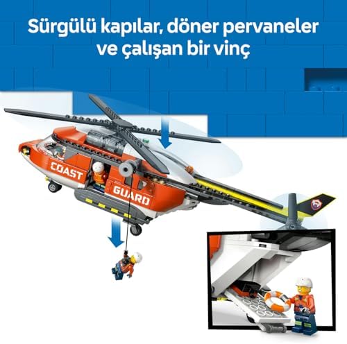 LEGO City Sahil Güvenlik Helikopteri 60503 – 7 Yaş ve Üzeri Çocuklar için Pilot, Sivil, 2 Sahil Güvenlik Görevlisi ve Köpekbalığı Minifigürü İçeren Oyuncak Yapım Seti, Hediye Fikri (551 Parça) - Görsel 6