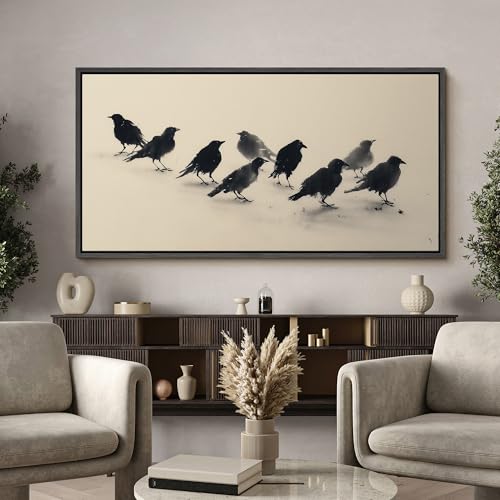 Image of MUDECOR Extra Large Framed Canvas Print Wall Art Minimalist Black Crow Flock Ink Style Neutral Antique Retro Ready to Hang Painting for Living Room Bedroom Multi-Sizes - 60 inchx30 inch