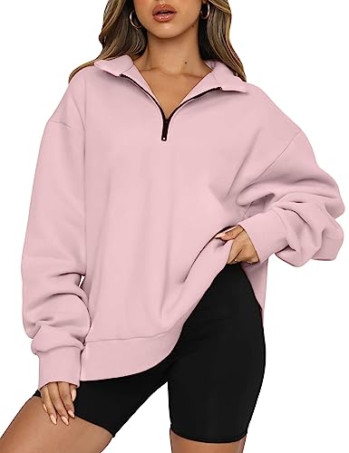Famulily Women's Oversized Sweatshirts Lapel Half Zipper Pullover Tops Elegant Long Sleeve Fall Clothes Pink L