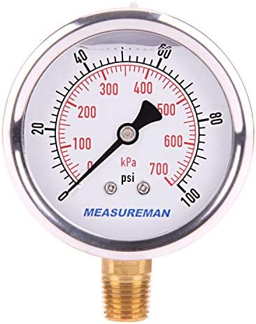 MEASUREMAN 2-1/2" Dial Size, Glycerin Filled Pressure Gauge, 0-100psi/kpa, 304 Stainless Steel Case, 1/4"NPT Lower Mount