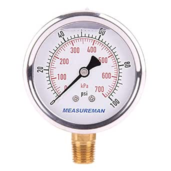 MEASUREMAN Pressure Gauge 1/4 NPT, 0-100 psi/kPa, Glycerin Filled, 2.5 Inch Dial, Stainless Steel Case