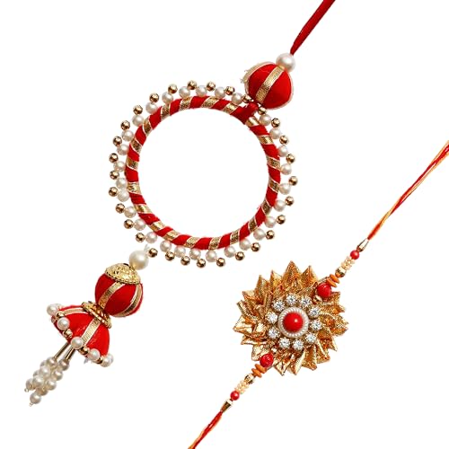 Image of eCraftIndia Red, Blue & Golden Designer Peacock Rakhi with Roli Chawal Pack - Rakhi for Brother