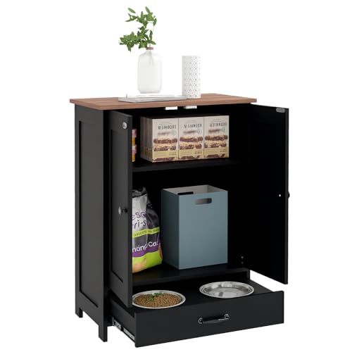 PawHut Dog Feeding Station, Dog Food Storage Cabinet with Hidden Bowls, Adjustable Panel, Hooks for Medium Sized Breeds, Black