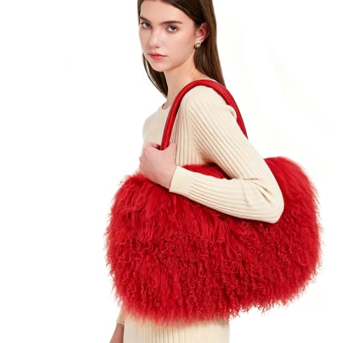Image of Women Luxury Real Lamb /Mongolian Flush Wool Fur With Genuine Leather Handles Handbag