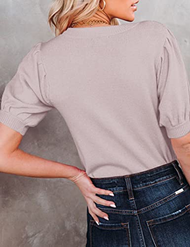 Image of Womens Puff Short Sleeve Sweater Tops Crewneck Basic Knit Pullover Lightweight Casual Sweaters