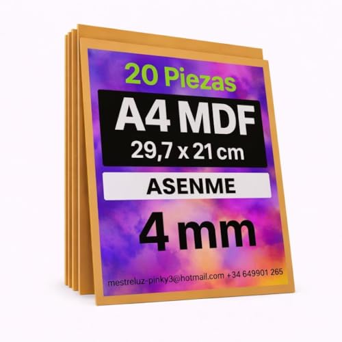 ASENME MDF Maderas para pintar, tablero madera para dibujar, Grabado láser, tamaño A4, 29,7x21x4mm – 20 unidades (29.7cm*21cm(A4) 20 unidades)