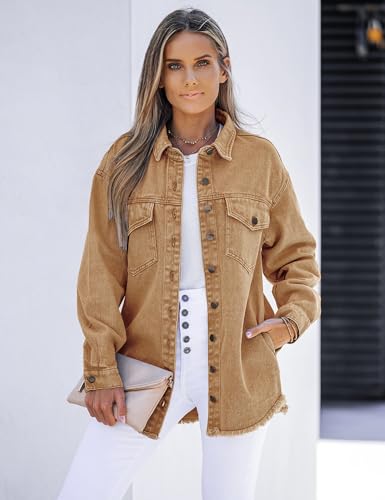 luvamia Denim Jacket for Women Oversized Button Down Casual Jean Shacket Jackets Long Sleeve Frayed Hem Western Trendy2