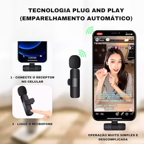 Kit 2 Microfones de Lapela Sem Fio Tipo C Compatível Android Iphone 15 16 Wireless Profissional 20 M