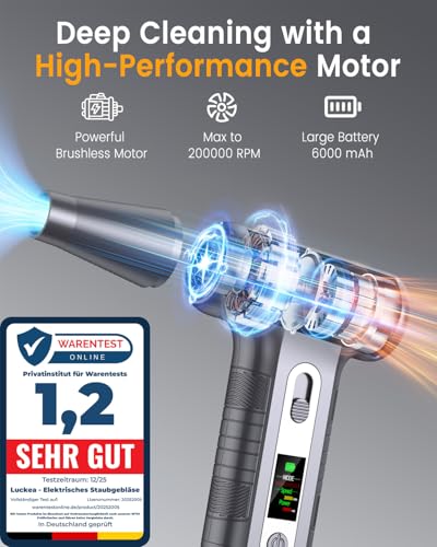 LUCKEA Elektrische Staubgebläse mit HD-Display - Electric Air Duster 200000 RPM mit LED-Licht, Mini-Gebläse mit Akku, Druckluftspray PC Reinigung, Luftgebläse für Tastatur, Haus, Outdoor, Auto, W06, Silber - Produktansicht 3 | Akku-Gartengeräte