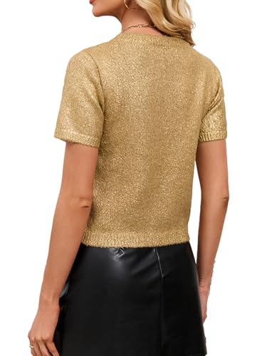 Short Sleeve Sweater Women Gold Metallic Crackled Sparkly Casual Knit Pullover Tops for Party and Holiday3
