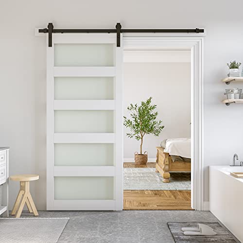 Image of SmartStandard 36 x 84 in Sliding MDF Barn Door Pre-Drilled Ready to Assemble, Waterproof PVC Coating, Interior Single Door Only, White, 5-Panel Glass