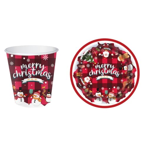 Akasooda 32セット クリスマス紙皿 カップセット クリスマス サンタ 使い捨て食器 紙製 クリスマスプレート メリークリスマス テーマ ホリデー パーティー装飾 (7インチプレート16+カップ16)