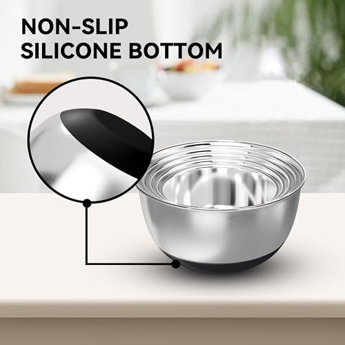 KITEISCAT Stainless Steel Mixing Bowls with Airtight Lids Set of 5, Nesting Mixing Bowls for Kitchen, Black, Dishwasher Safe, Non-Slip, Multi-Purpose for Cooking, Baking, Prepping & Food Storage - Thumbnail 6