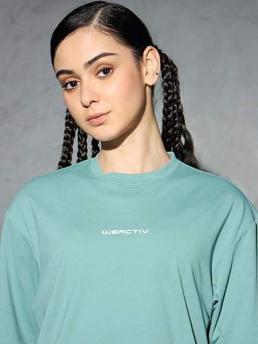 Image of TECHNOSPORT Women's Printed Boxy Fit Round Neck T-Shirt COTFLEX Half Sleeve Slip On Polyester for Gym Yoga Workout UPF50+ Anti Odour