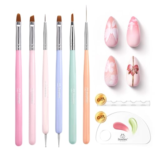 Image of Beetles Nail Art Brushes, 6pcs Nail Art Tool Set, Nail Double-headed Dotting Tools, Striping Nail Art Brushes for Long /Short Lines, Nail Drawing Pen with Nail Brush Holder&Palette For Nail Design