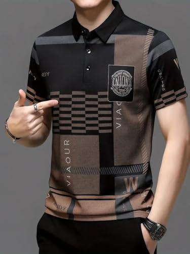 Image of Men's Irregular Geometric Pattern and Alphabet Print Sports Collar Tshirt (Rizim Temu Print Polo-Black)