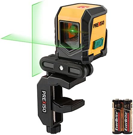 PREXISO 65FT Laser Level Self-Leveling Cross-Line/Horizontal/Vertical Green Beam, with Rotatable Mount Clamp, LED Indicator for Hanging Pictures, 2 AA Batteries (360°Clamp& LED Indicator)