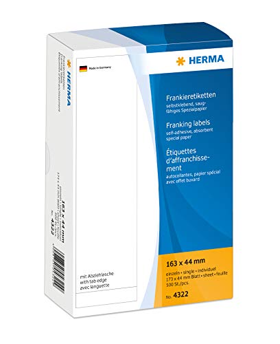 HERMA 4322 Frankieretiketten für Frankiermaschinen, 163 x 44 mm, 500 Stück, selbstklebend, matt, einzeln, Papier Frankier-Etiketten Klebeetiketten Aufkleber mit Abziehlasche, weiß HERMA 4322 Frankieretiketten für Frankiermaschinen, 163 x 44 mm, 500 Stück, selbstklebend, matt, einzeln, Papier Frankier-Etiketten Klebeetiketten Aufkleber mit Abziehlasche, weiß