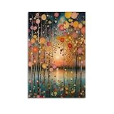 Gustav Klimt Trees And Sun Lights Canvas Printing Wall Art Prints Wall Decor Posters Colorful Abstract Forest Sunset Lake Reflection Scandinavian Bohemian Home Living Room Bedroom 08x12inch(20x30cm)